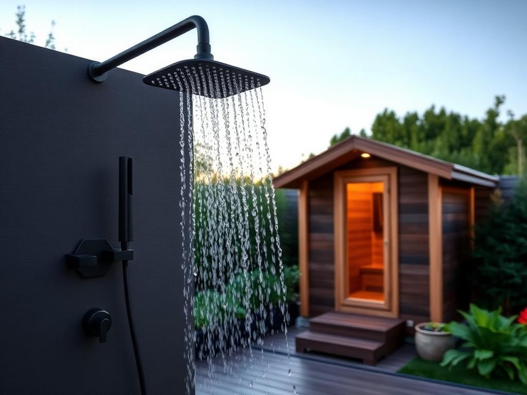 Outdoor shower mockup inside HeatLabs sauna setup