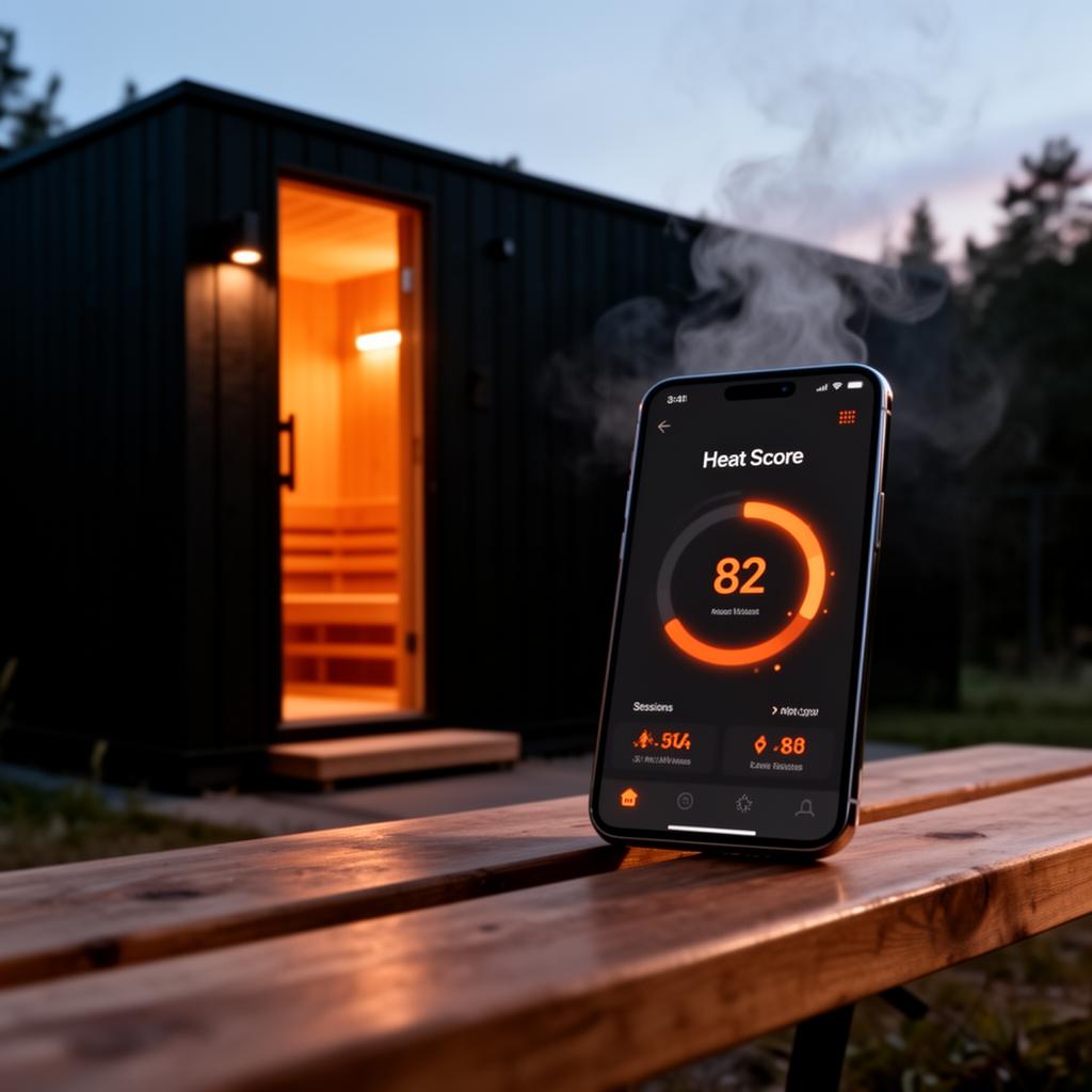 HeatLabs app showing a Heat Score on a phone outside a modern sauna