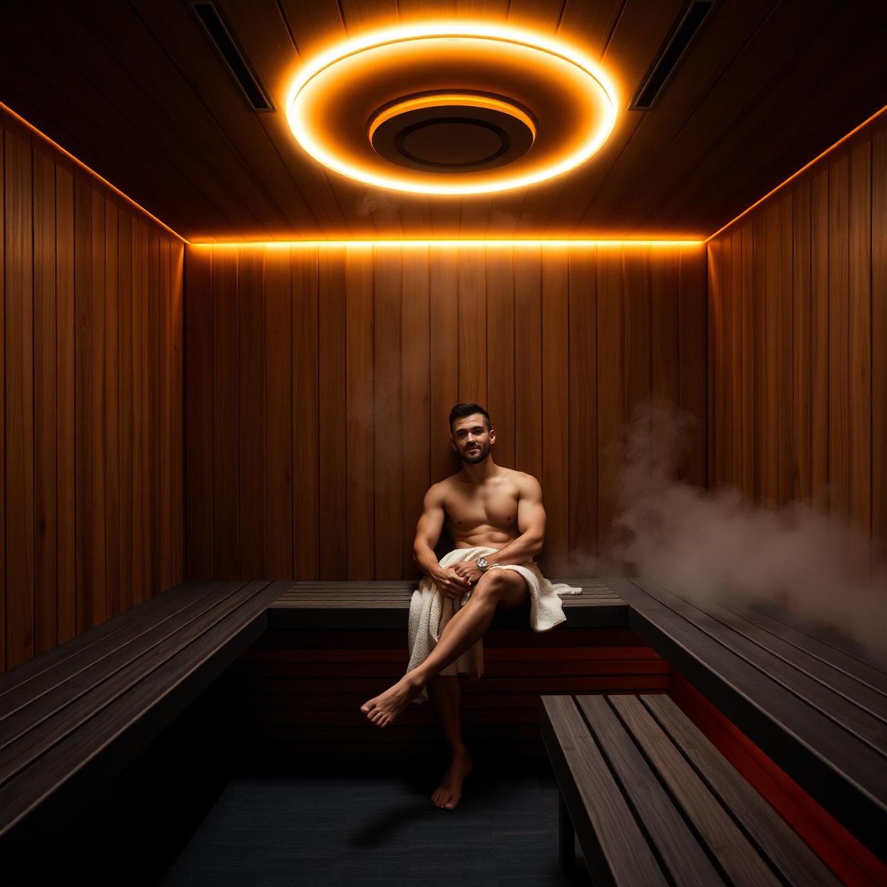 Inside a HeatLabs sauna with warm amber light